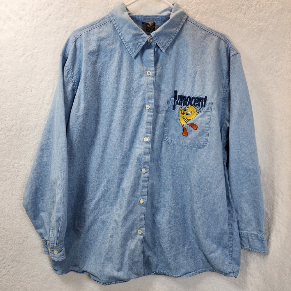 Vintage Tweety Bird Innocent Denim Shirt Womens XL Chambray Button Front Cartoon